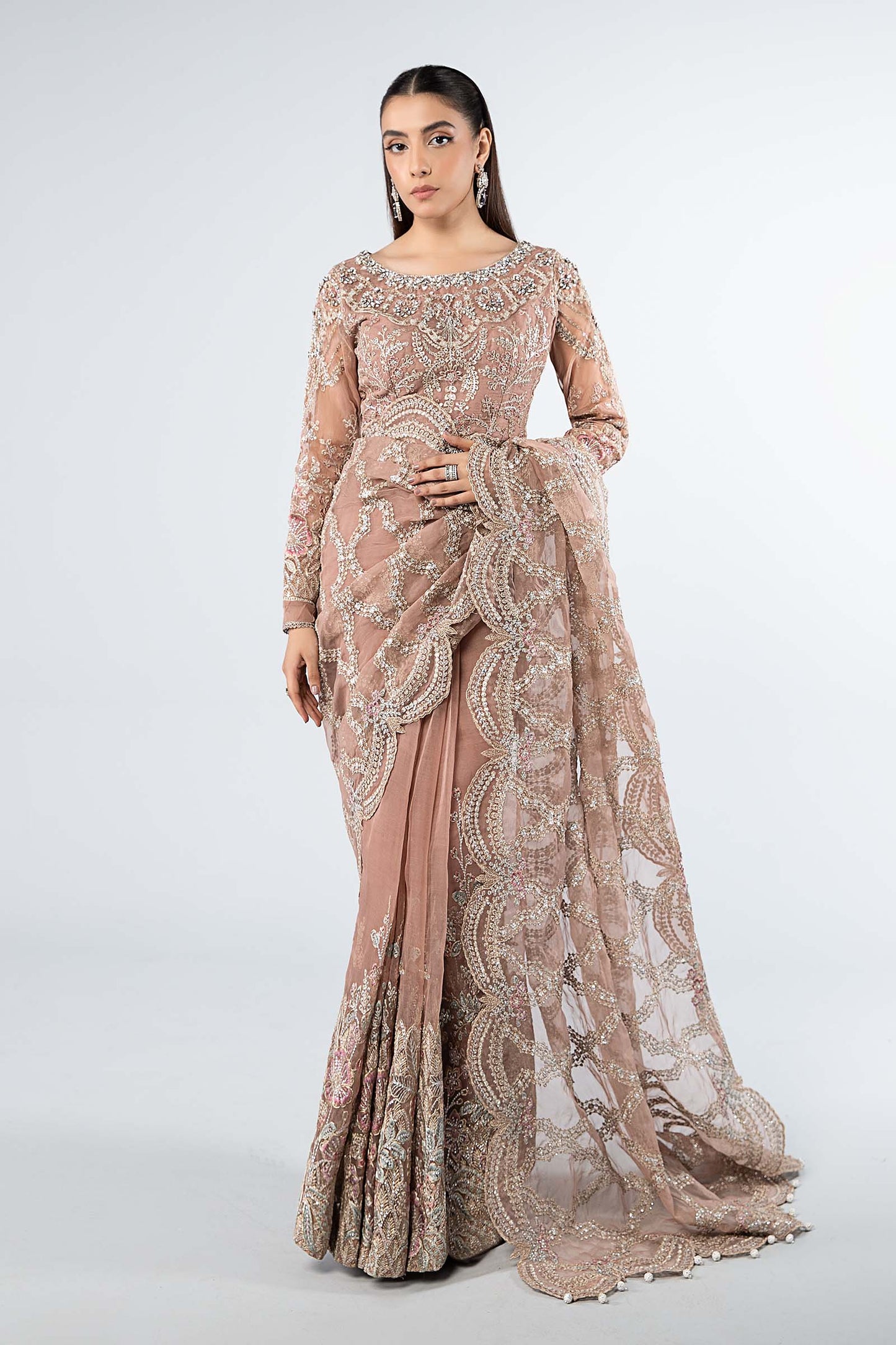 Luxury Net Embroidered Unstitched Saree Dusty Rose -Party Wear