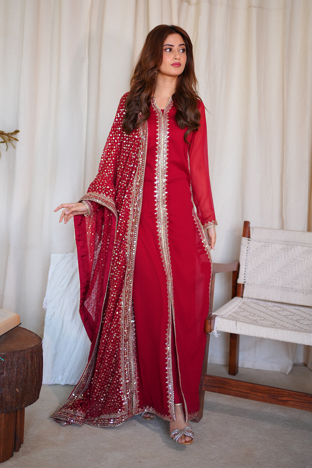 Red Embroidered Chiffon Wedding Dress