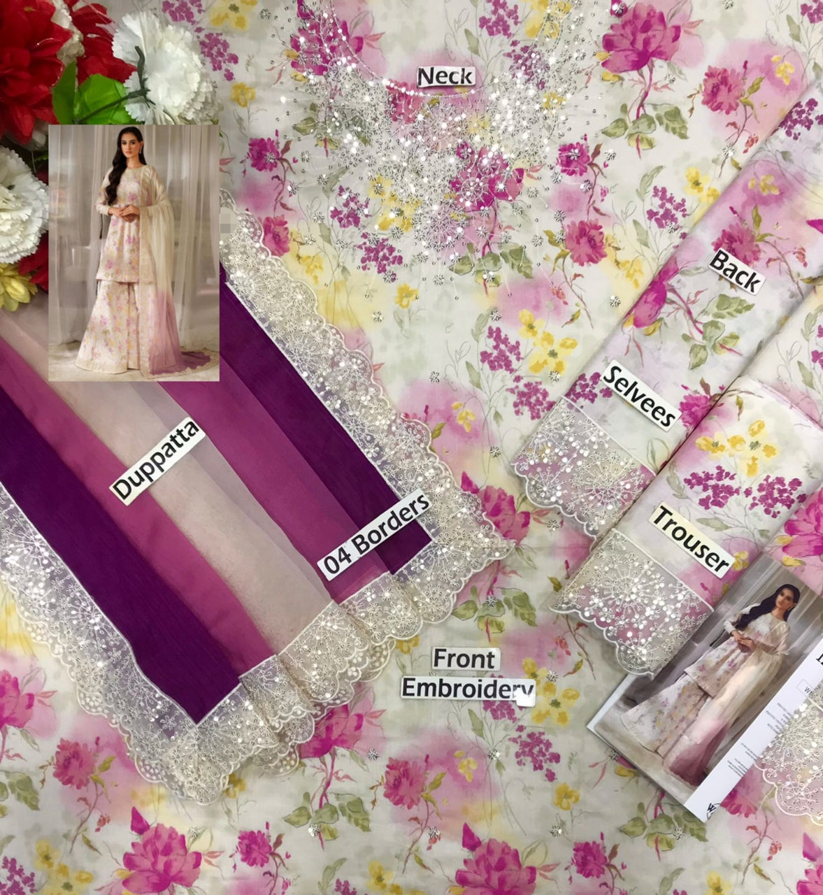 Embroidered Lawn 3 Piece Unstitched Suit - IZ-SEQ