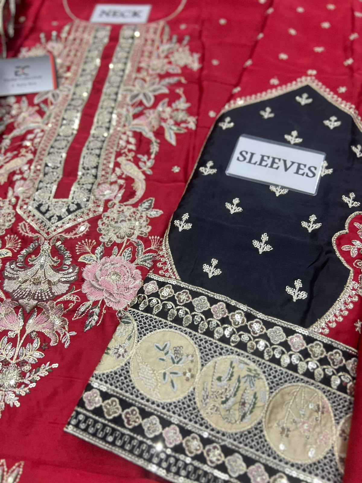 Red Kaftaan Charmeuse Silk 3 Piece Unstitched Suit EK-E1149/104/418 - Party Wear
