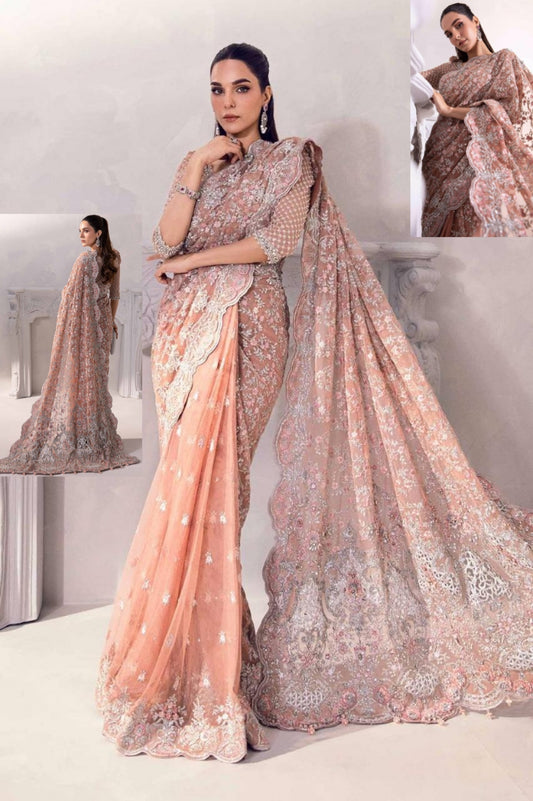 Luxury Embroidered Unstitched Soft Net Saree - Party Wear