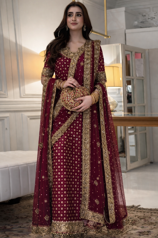 Bridal Chiffon Hand Embellished & Embroidered 3Pc Dress Unstitched
