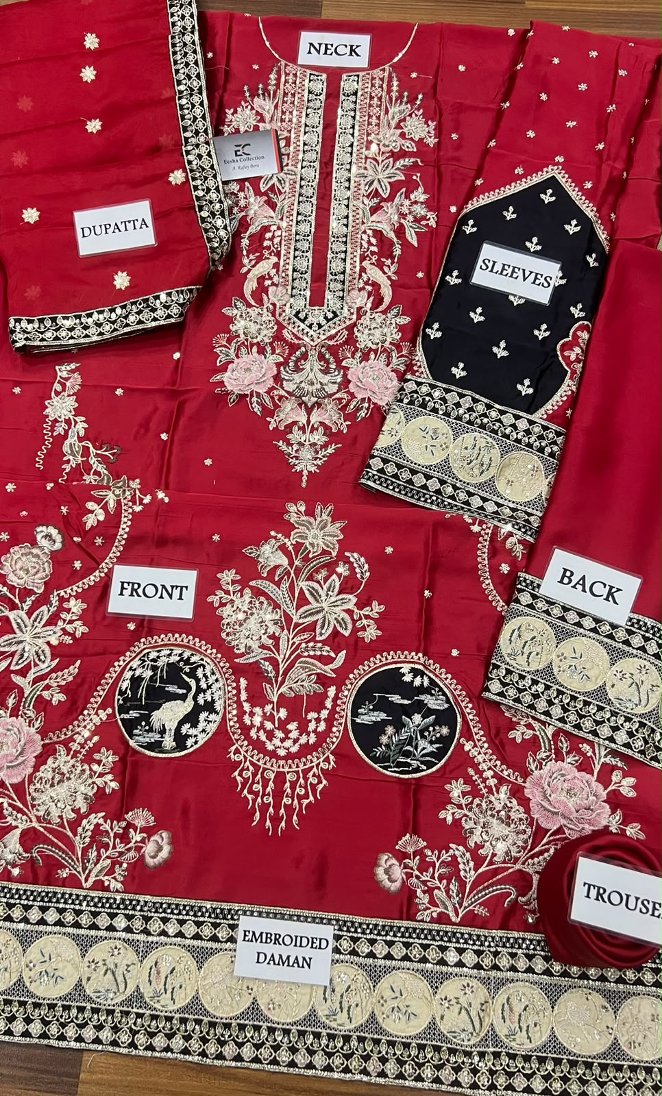 Red Kaftaan Charmeuse Silk 3 Piece Unstitched Suit EK-E1149/104/418 - Party Wear