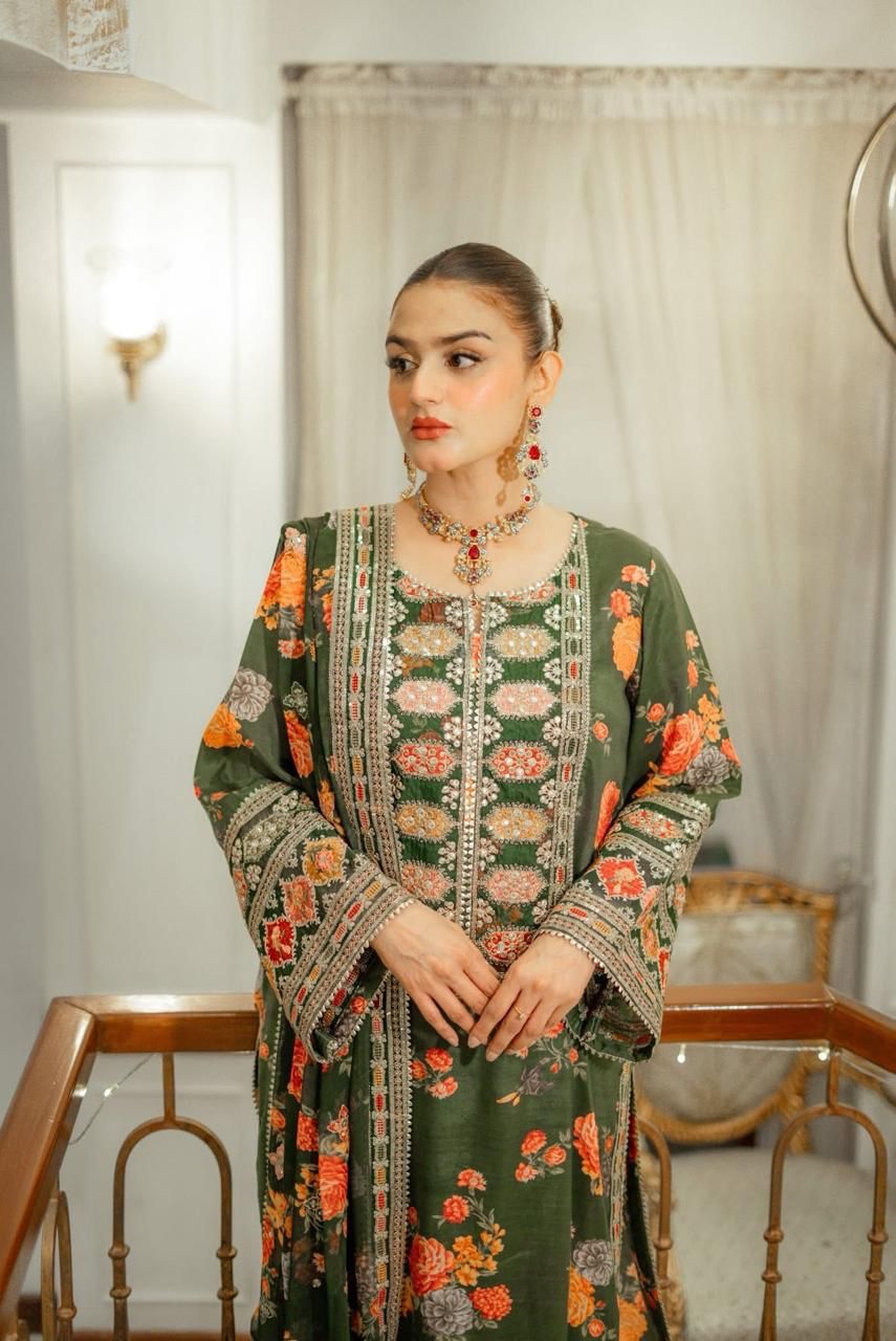Green Embroidered Luxury Lawn Unstitched 3 Piece Dress- ANL