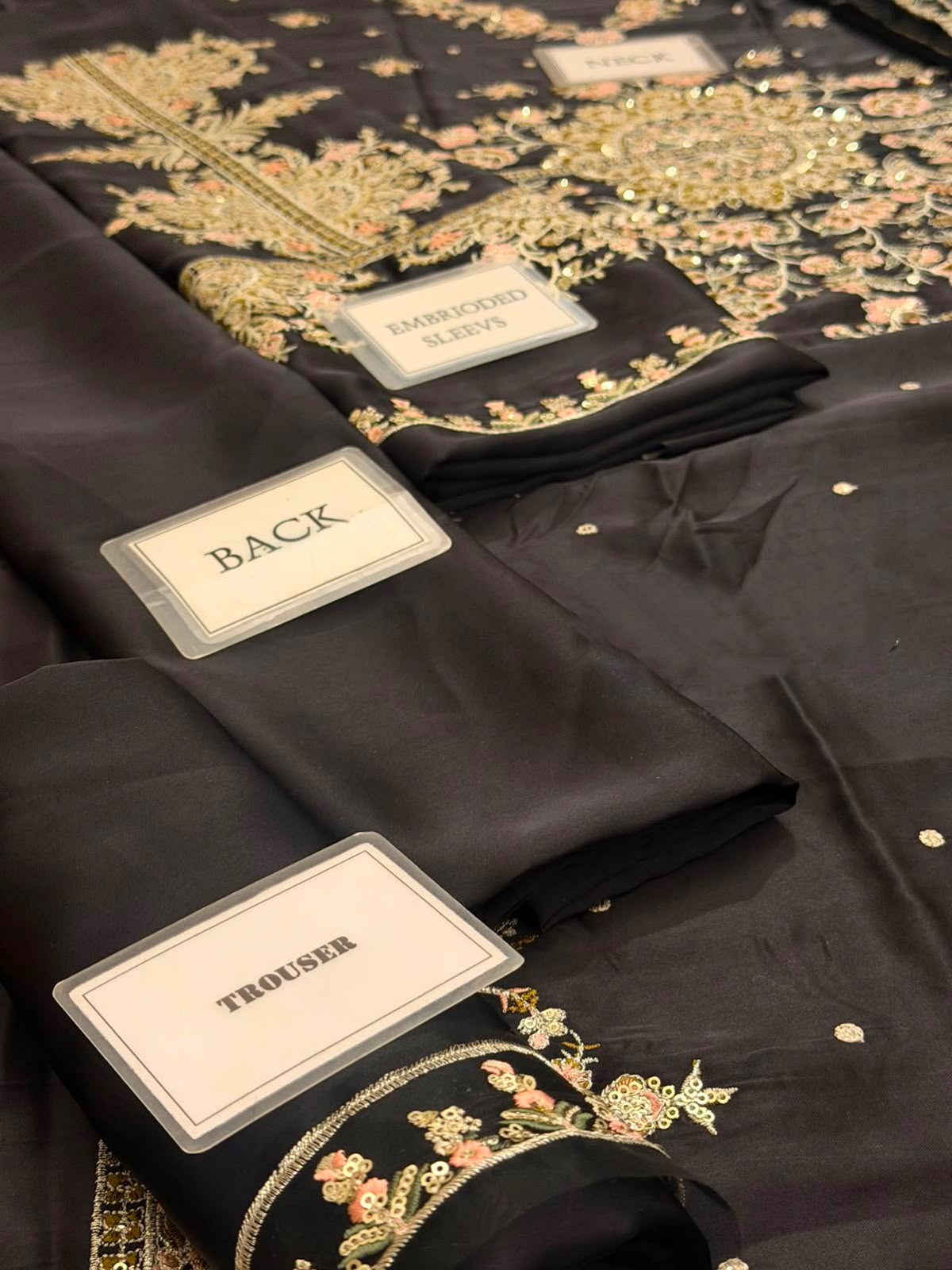 Black Kaftan Shamoz Silk 3 Piece Unstitched Dress - Party Wear