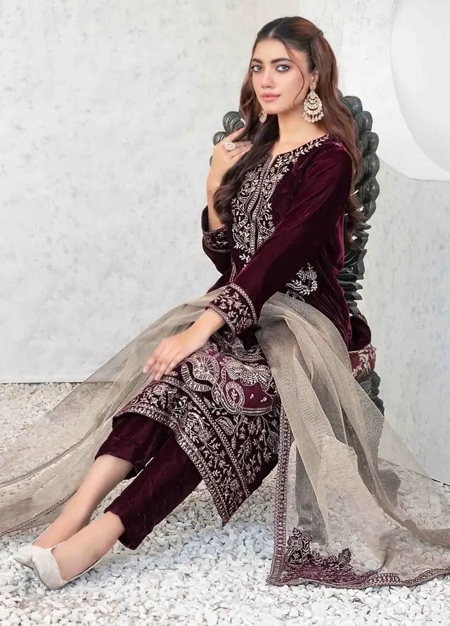 Maroon Luxury Velvet Dress Embroidered 3 Piece Unstitched