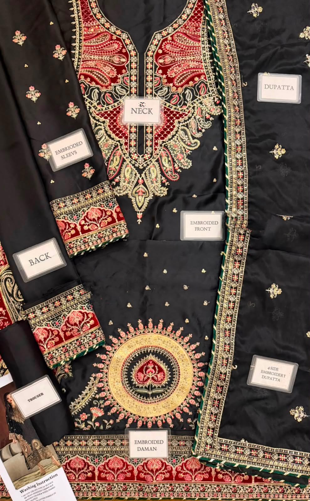 Black Kaftan Shamoz Silk 3 Piece Unstitched Dress - Party Wear