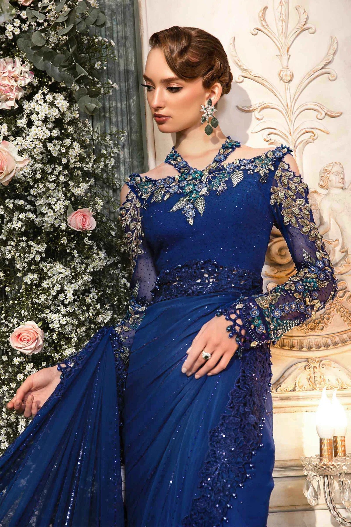 Luxury Blue Chiffon Embroidered Unstitched Saree -Party Wear