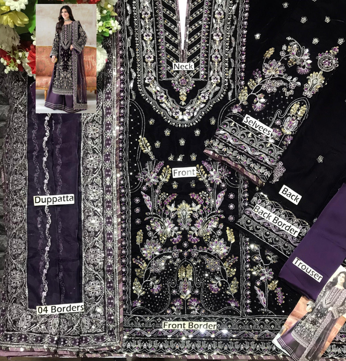 Dark Purple Luxury Velvet Suit 3 Piece Unstitched - ANL