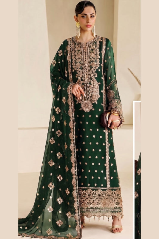Green Chiffon Embroidered 3 Piece Unstitched Suit - Party Wear