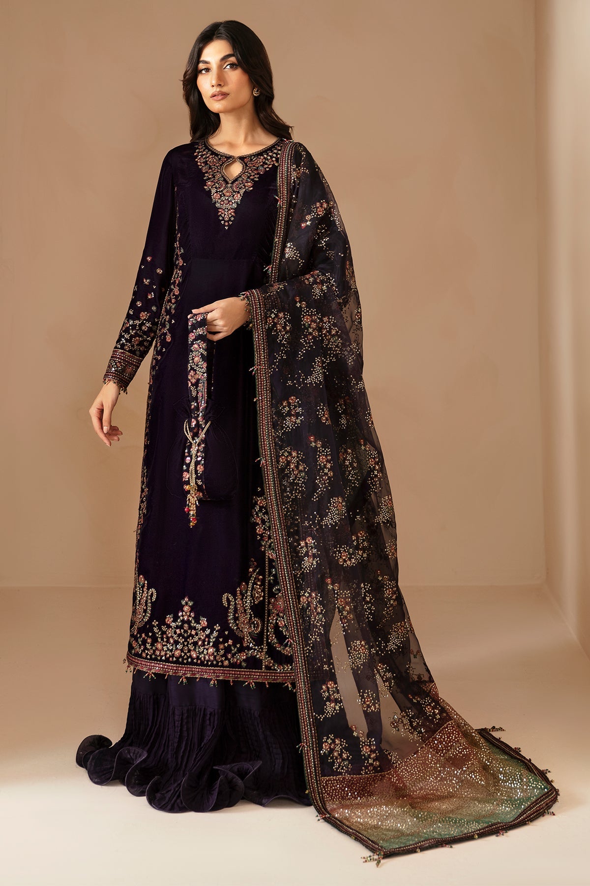 Plum & Multi shaded Velvet Unstitched 3 Piece Dress - Party Wear