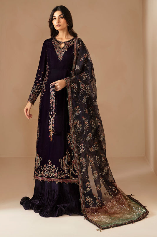 Plum & Multi shaded Velvet Unstitched 3 Piece Dress - Party Wear