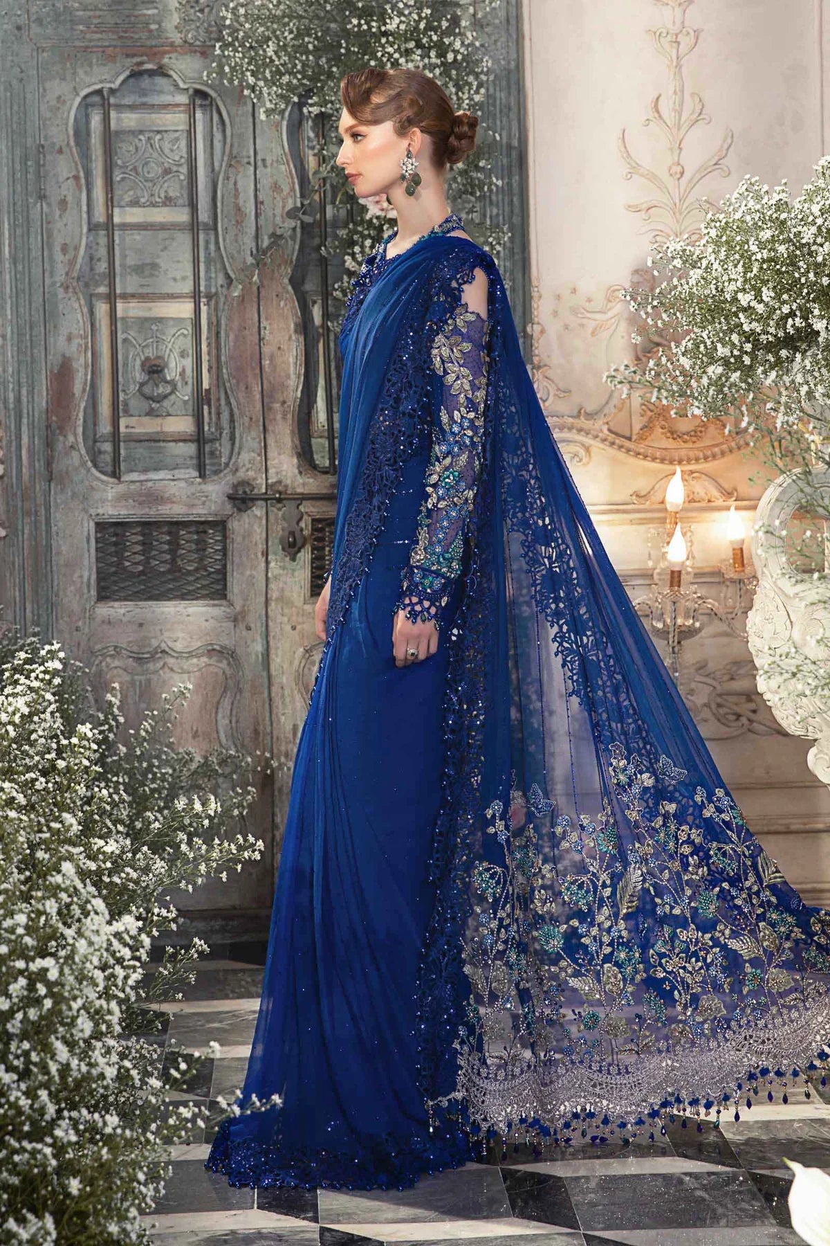 Luxury Blue Chiffon Embroidered Unstitched Saree -Party Wear