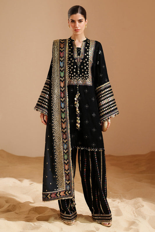 Velvet Embroidered Unstitched 3 Piece Suit -BLACK-Party Wear