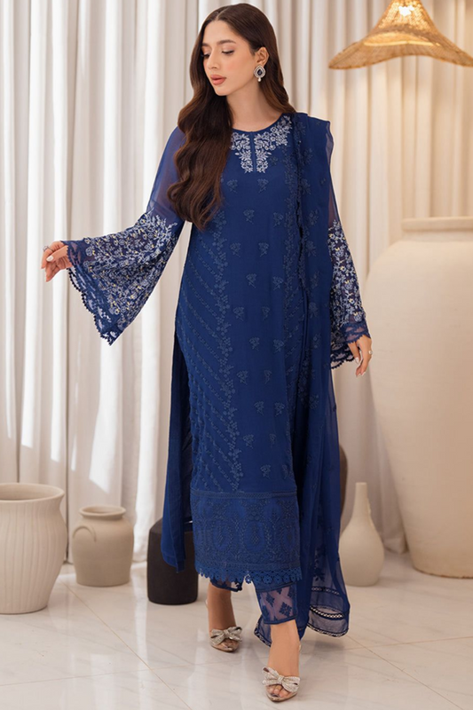 Blue Embroidered Chiffon 3 Piece Unstitched - AZ - Part Wear