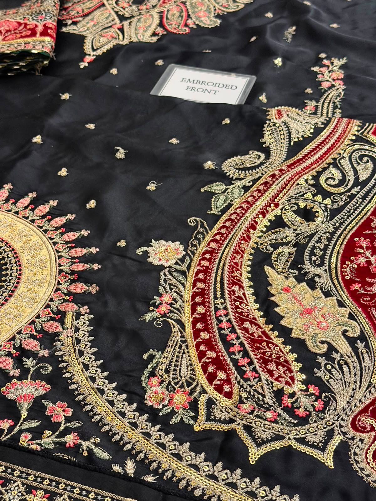 Black Kaftan Shamoz Silk 3 Piece Unstitched Dress - Party Wear