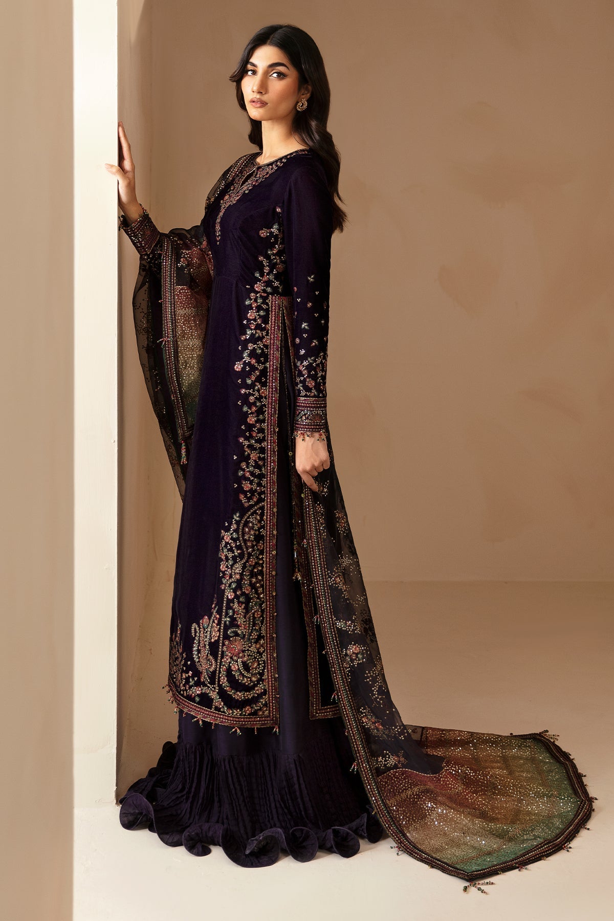 Plum & Multi shaded Velvet Unstitched 3 Piece Dress - Party Wear