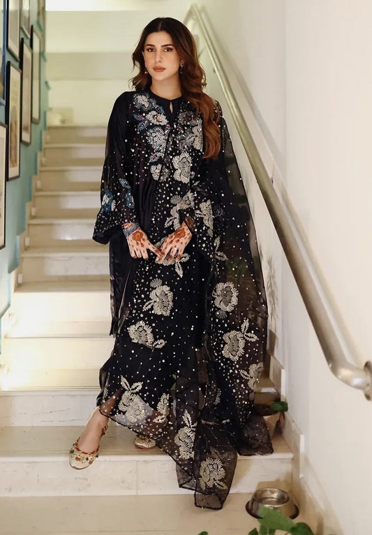 Black Raw Silk 3 Piece Unstitched - Party Wear