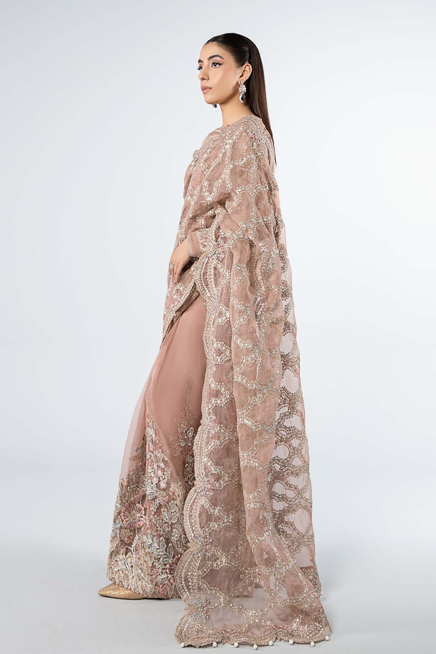 Luxury Net Embroidered Unstitched Saree Dusty Rose -Party Wear