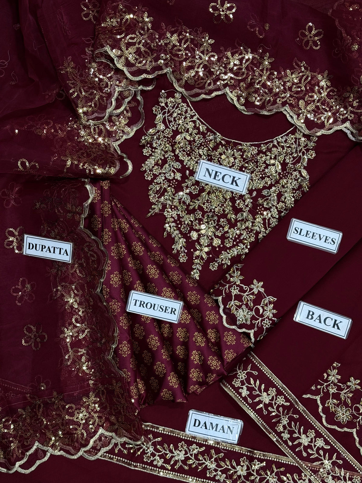 Mehroon Embroidered Chiffon 3 Piece Unstitched Suit