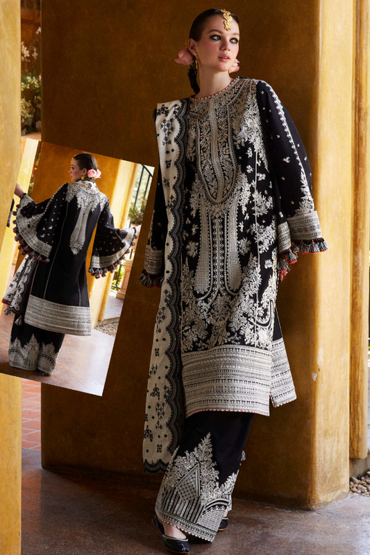 Black Luxury Embroidered Lawn 3 piece Unstitched Dress - Shams