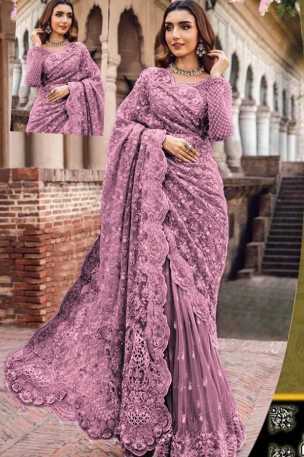 Luxury Net Embroidered Unstitched Saree Dusty Rose -Party Wear