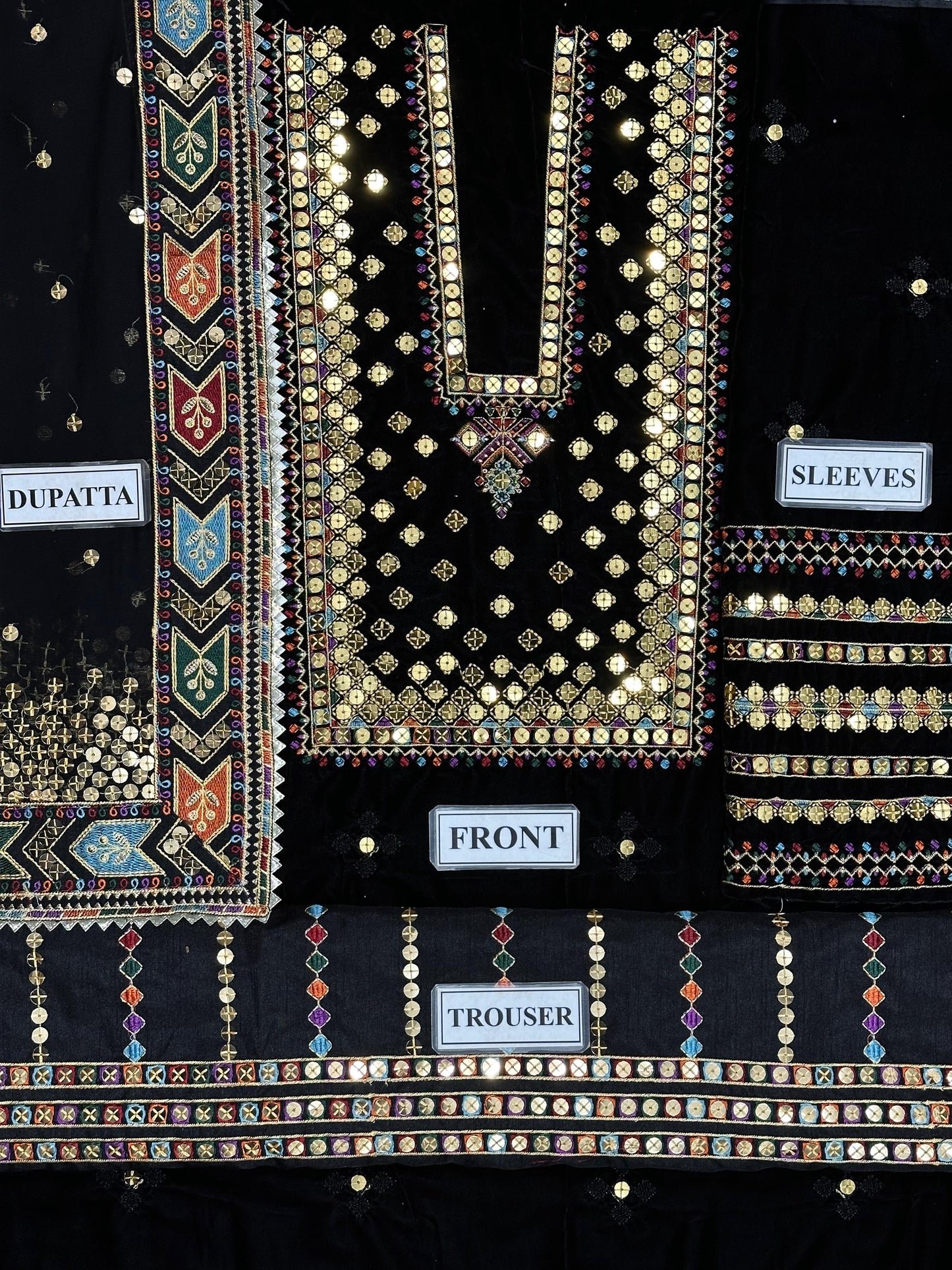 Velvet Embroidered Unstitched 3 Piece Suit -BLACK-Party Wear