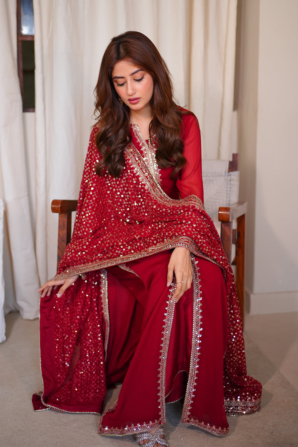 Red Embroidered Chiffon Wedding Dress