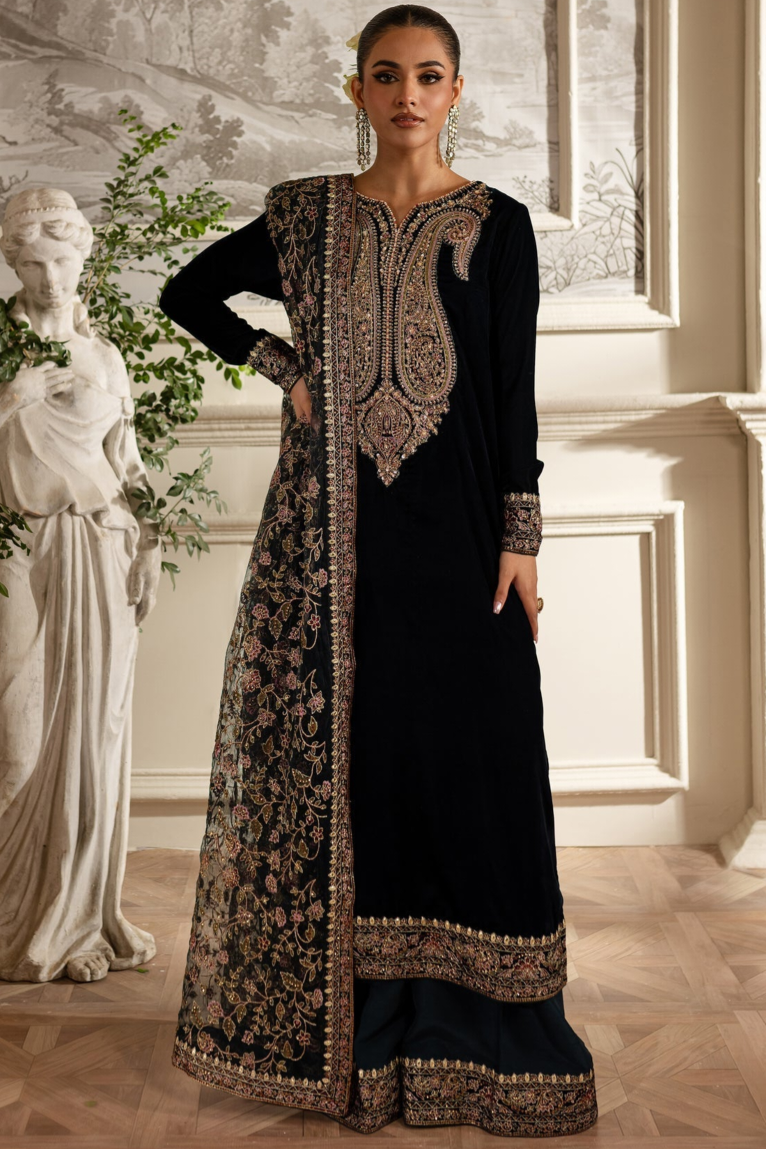 Mehroon Velvet Unstitched Embroidered Dress- Party Wear