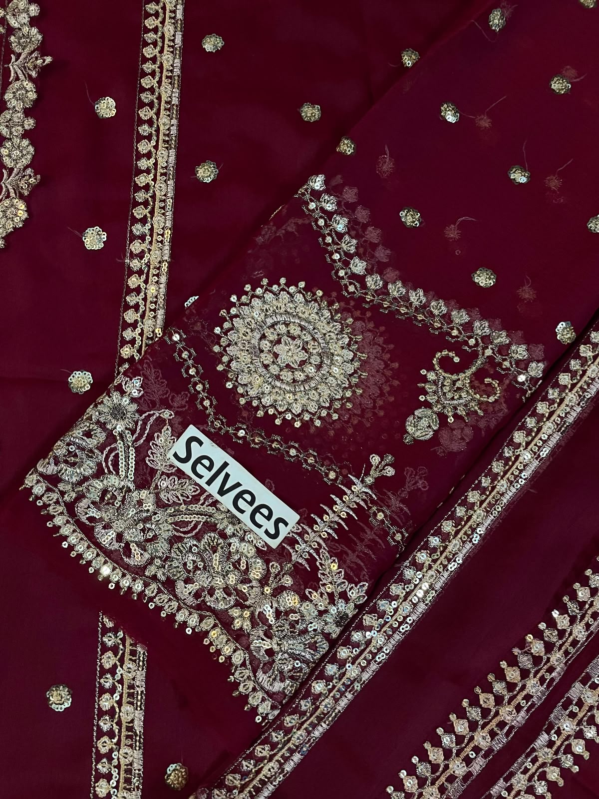 Mehroon Chiffon Embroidered 3 Piece Unstitched Suit - Party Wear