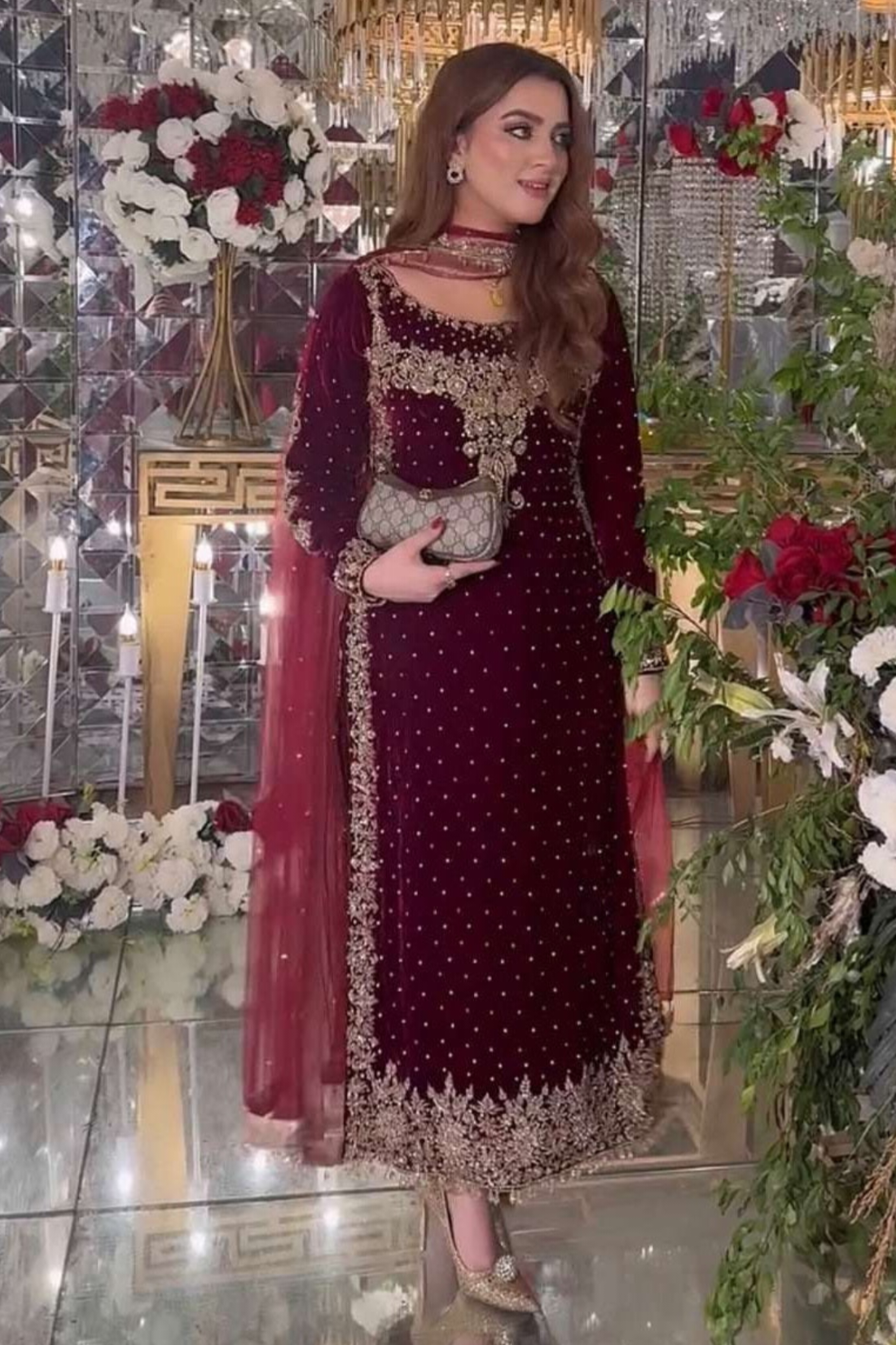 Mehroon Luxury Velvet Suit 3 Piece Unstitched - ANL