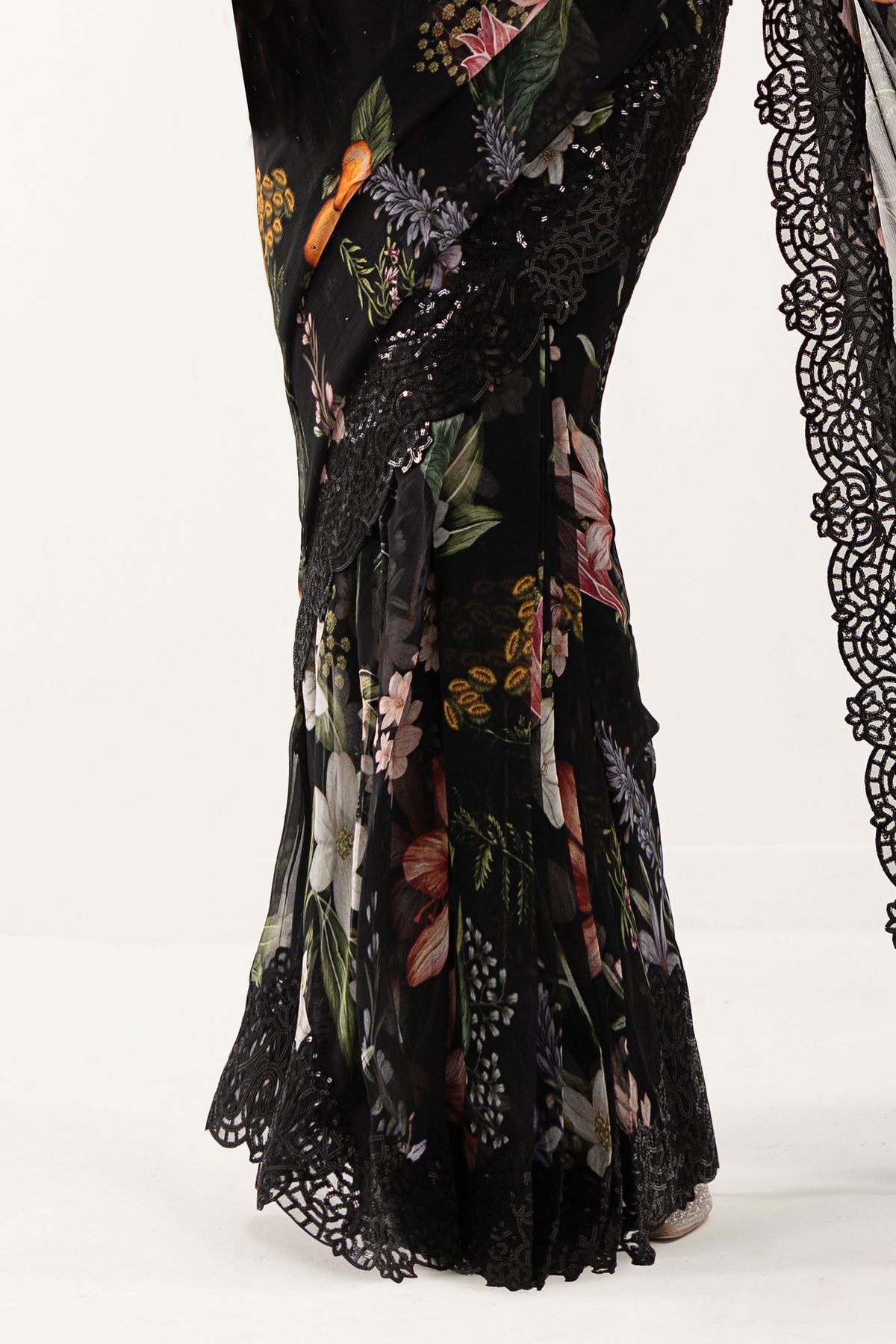 Black Chiffon Embroidered Unstitched Saree -Party Wear