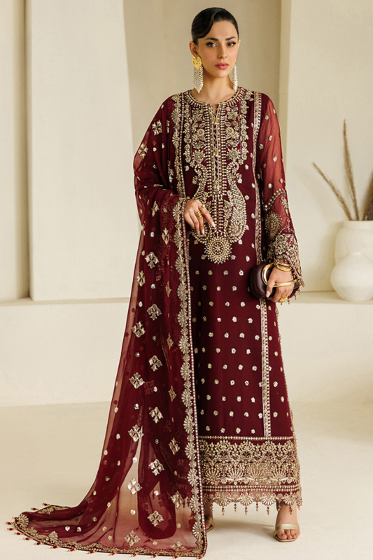 Mehroon Chiffon Embroidered 3 Piece Unstitched Suit - Party Wear