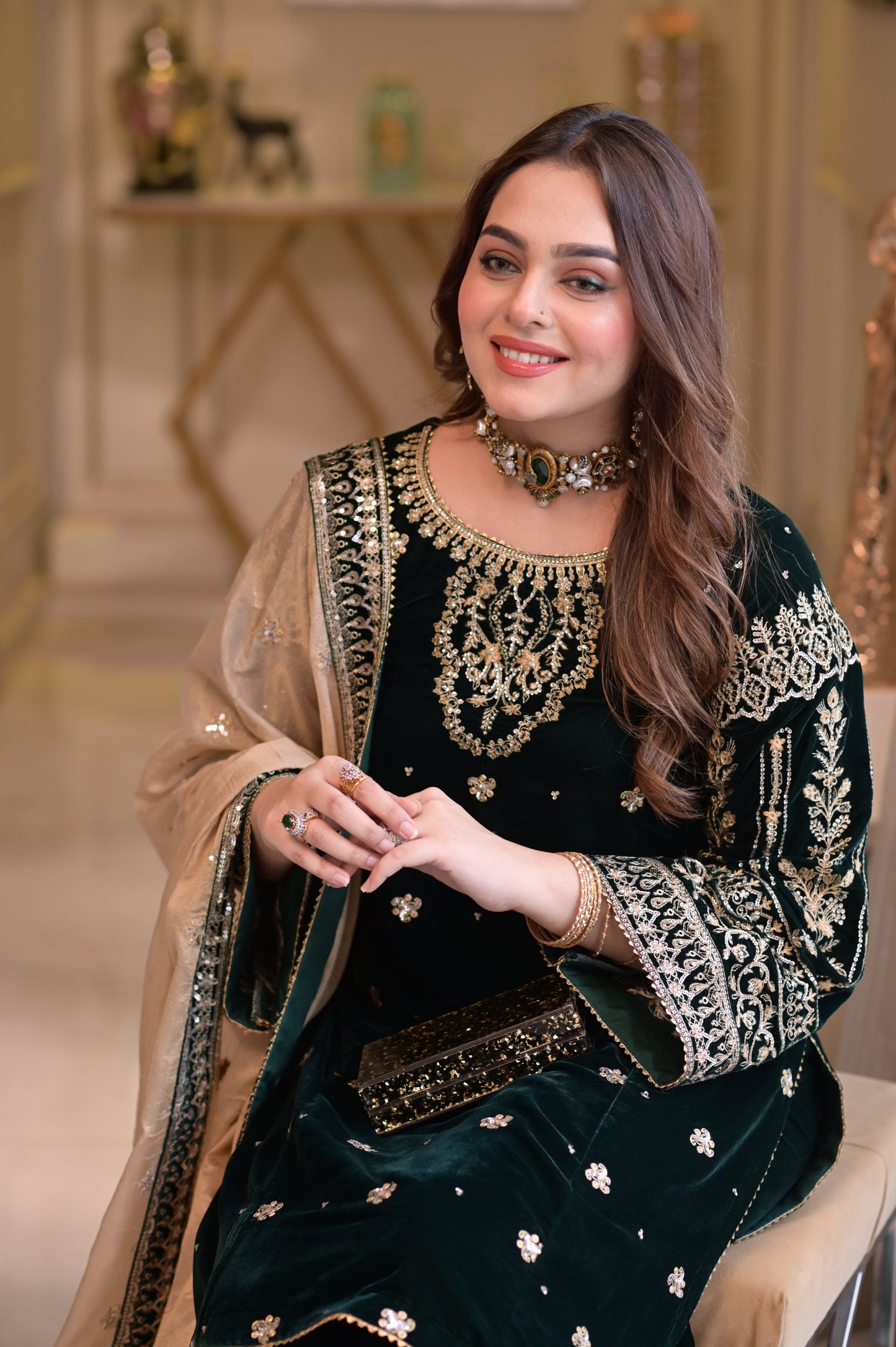 Green Velvet Unstitched Embroidered 3 Piece Suit ANL - Party Wear