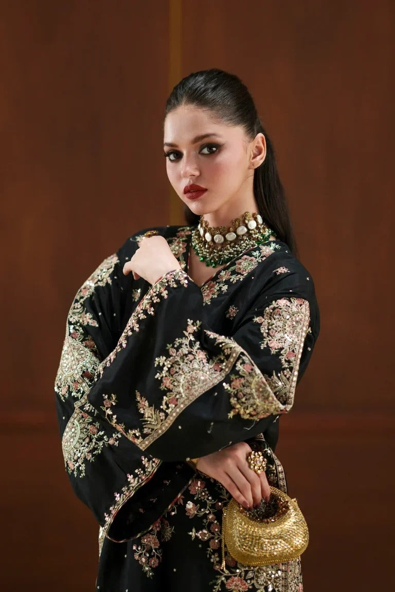 Black Kaftan Shamoz Silk 3 Piece Unstitched Dress - Party Wear