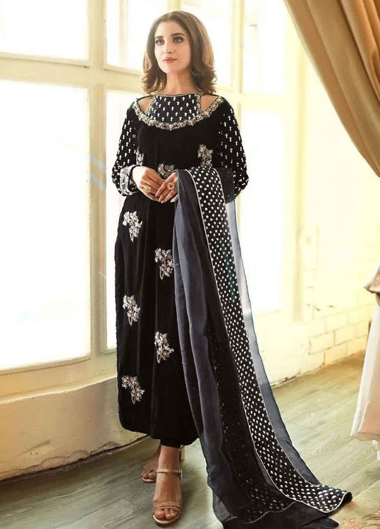 Black Velvet Embroidered Unstitched 3 Piece Suit -AV-D09- Party Wear