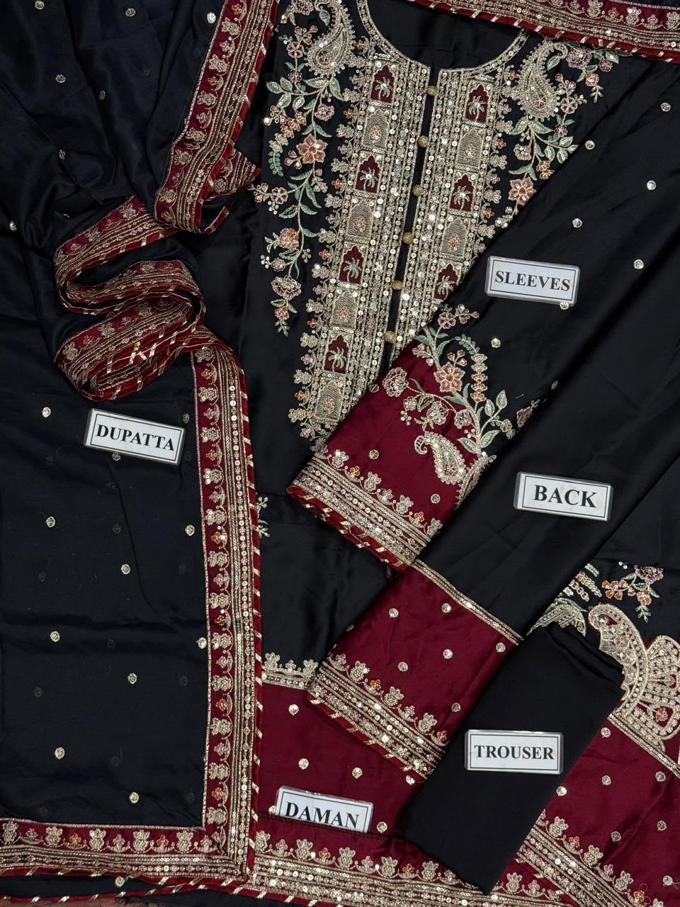 Black Kaftan Shamoz Silk 3 Piece Unstitched Dress - Party Wear