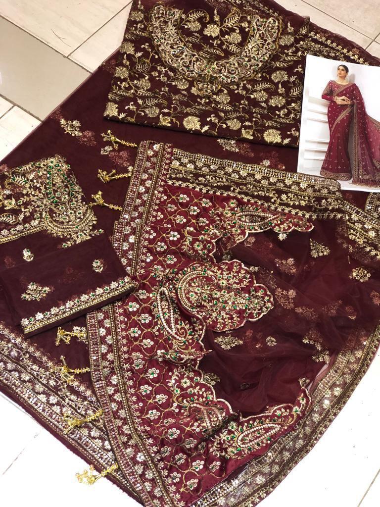 Mehroon Embroidered Unstitched Net Saree - Party Wear