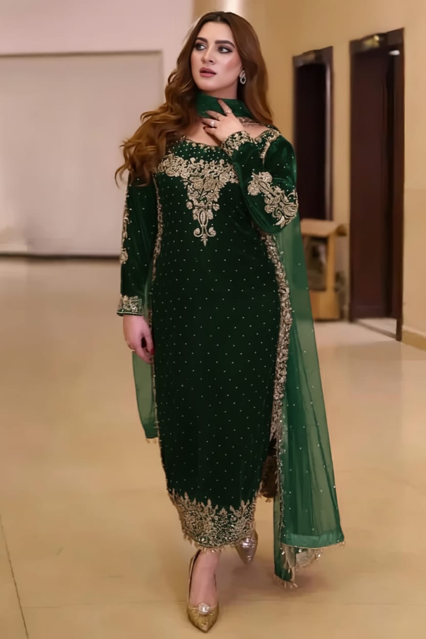 Green Luxury Velvet Suit 3 Piece Unstitched - ANL