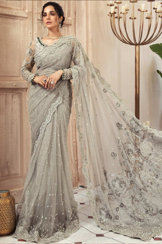 Luxury Net Embroidered Unstitched Saree MB -Party Wear