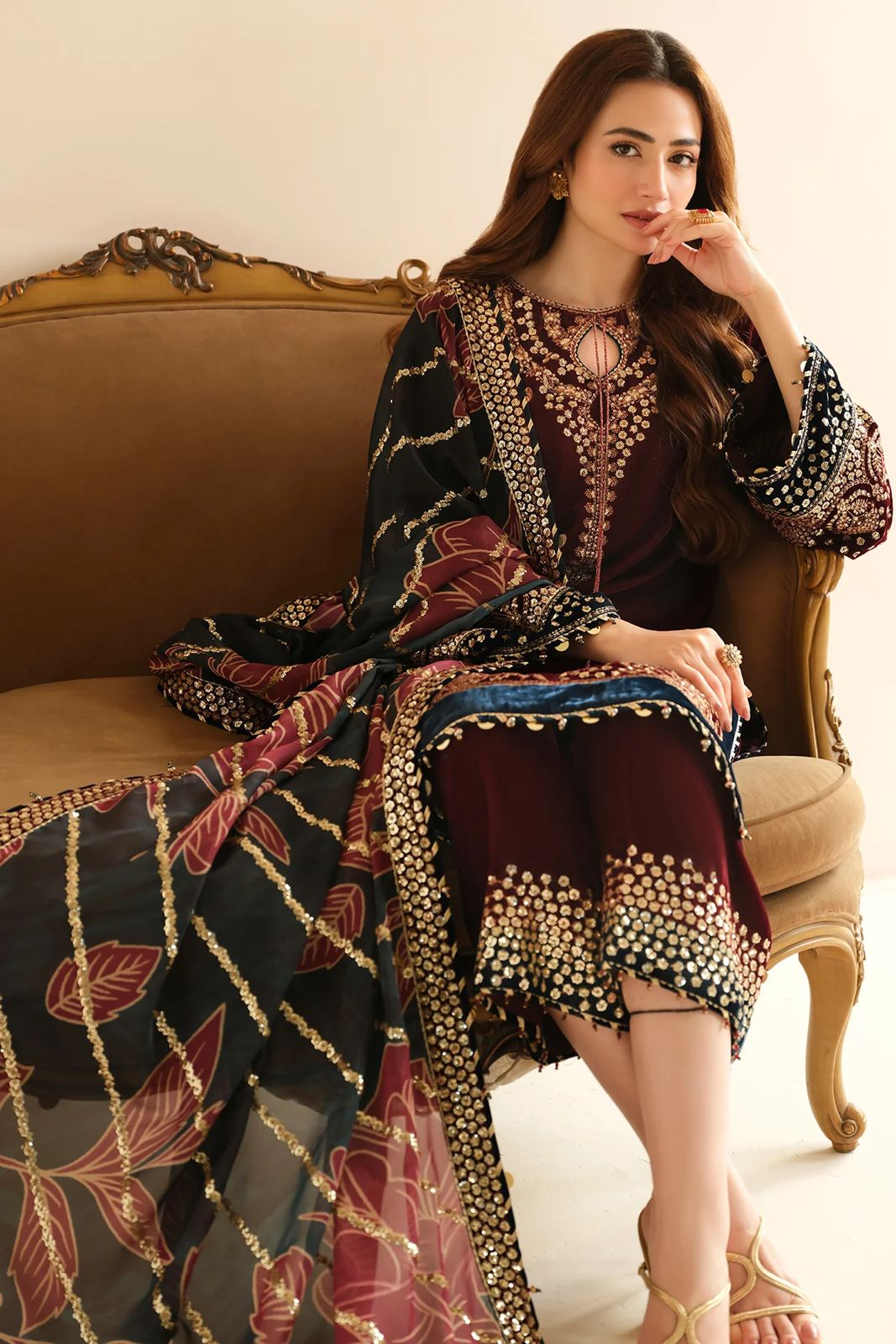 Mehroon Embroidered Unstitched 3 Piece Velvet Suit JV-2038 - Party Wear
