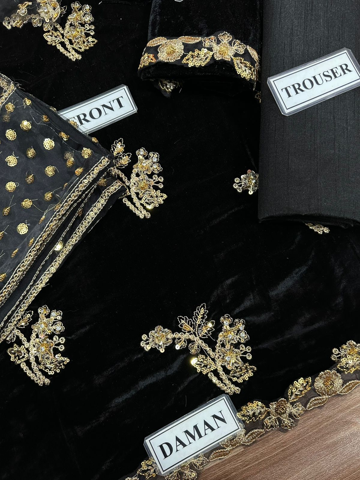 Black Velvet Embroidered Unstitched 3 Piece Suit -AV-D09- Party Wear