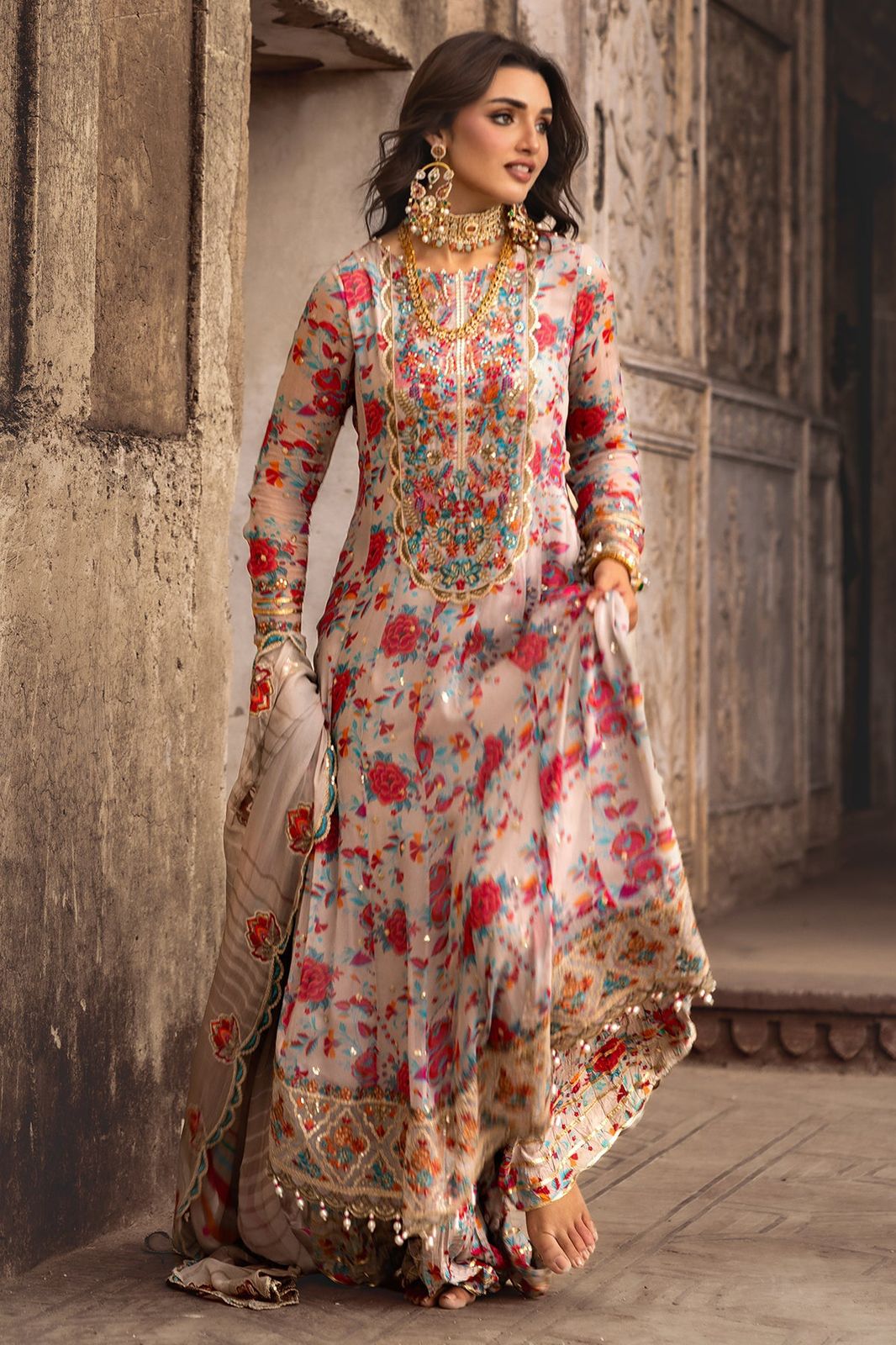 Embroidered Multi Floral Luxury Chiffon 3 Piece Unstitched Dress CHZ-Party Wear