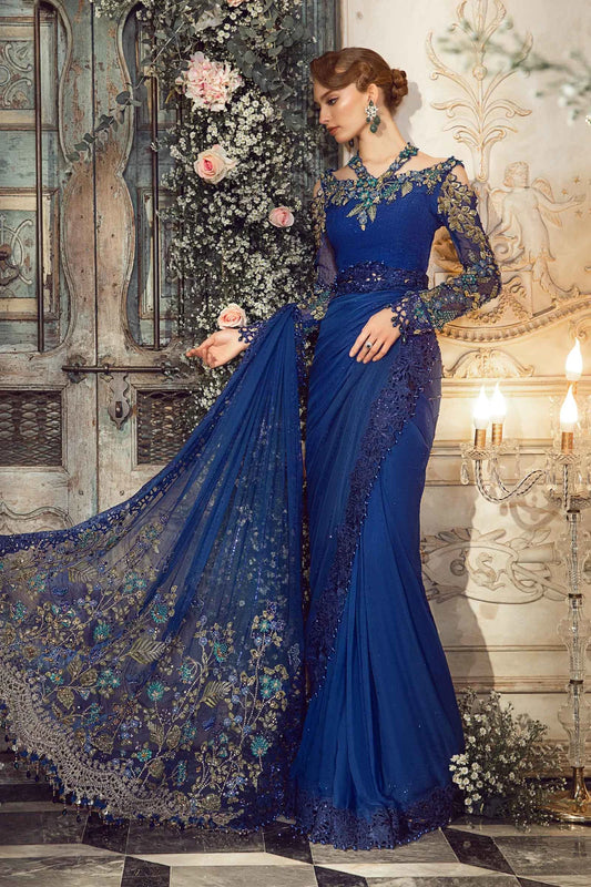 Luxury Blue Chiffon Embroidered Unstitched Saree -Party Wear