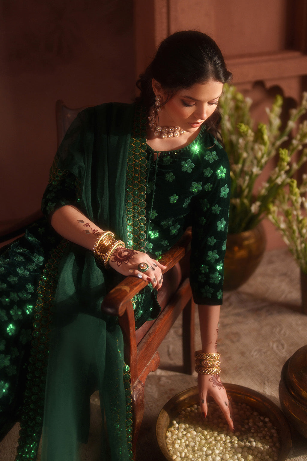 Green Velvet Embroidered Unstitched 3 Piece Dress