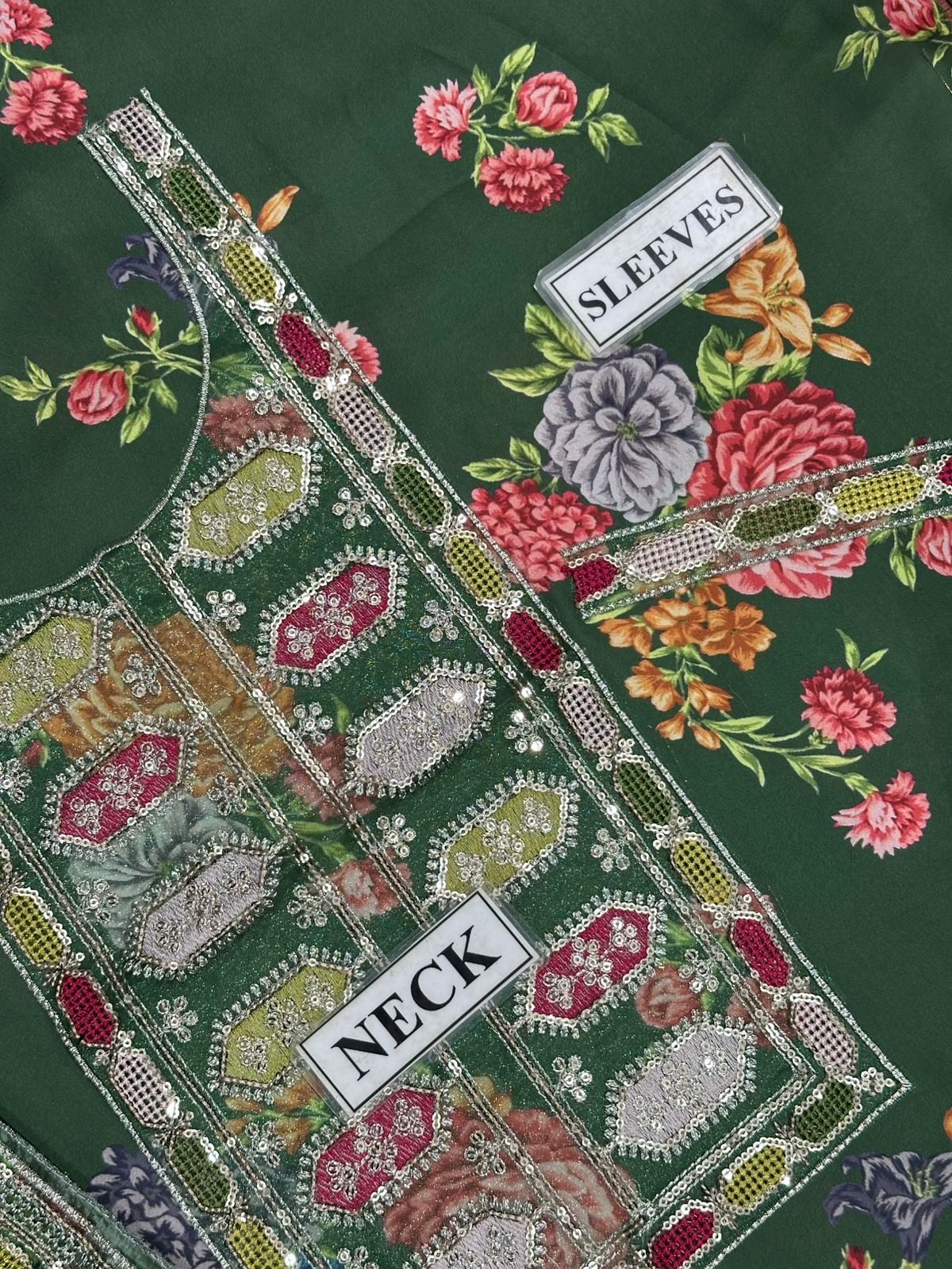 Green Printed Silk 3 Piece Unstitched Suit ACL-LUX-15-25 - Party Wear
