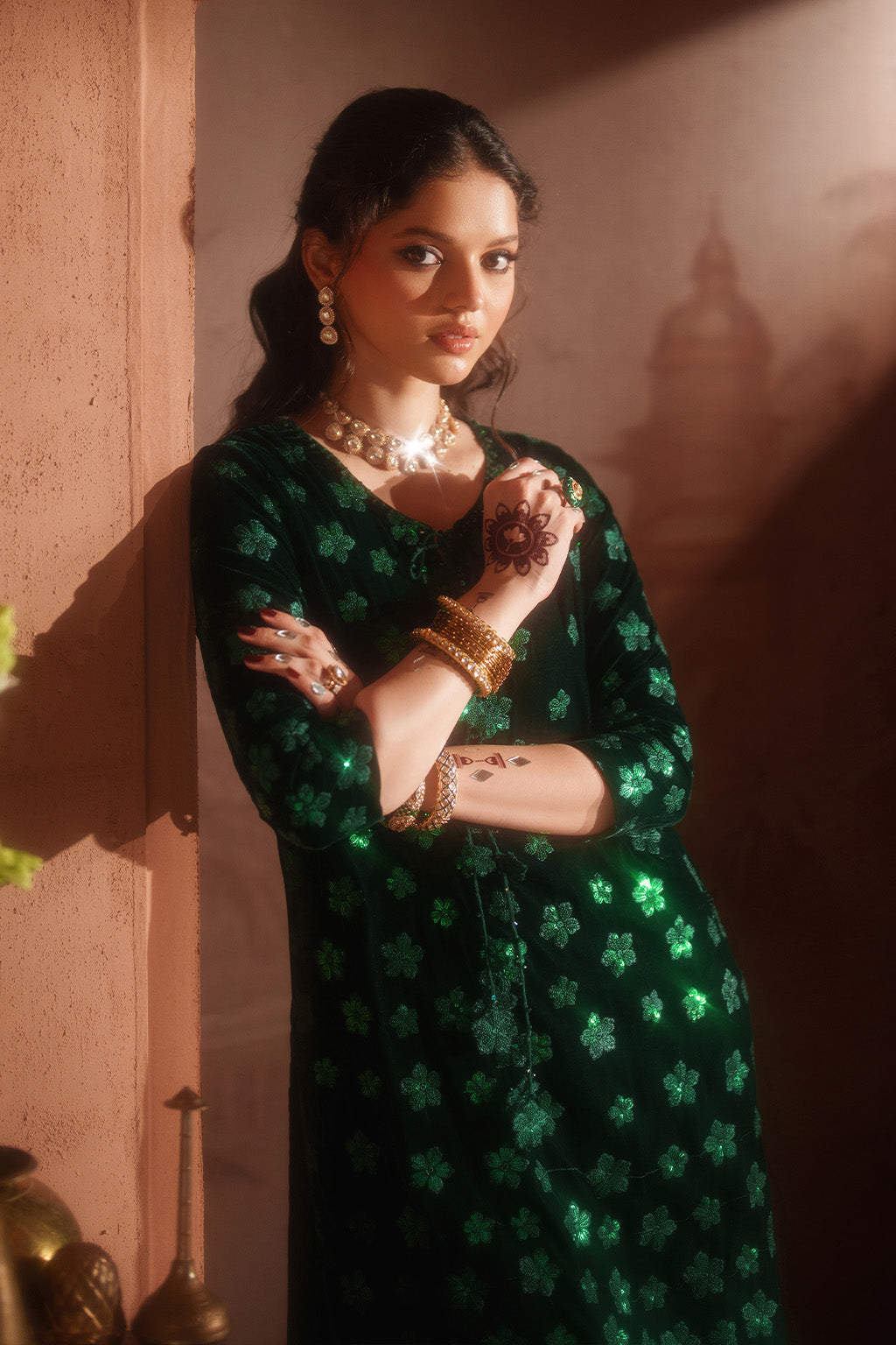 Green Velvet Embroidered Unstitched 3 Piece Dress