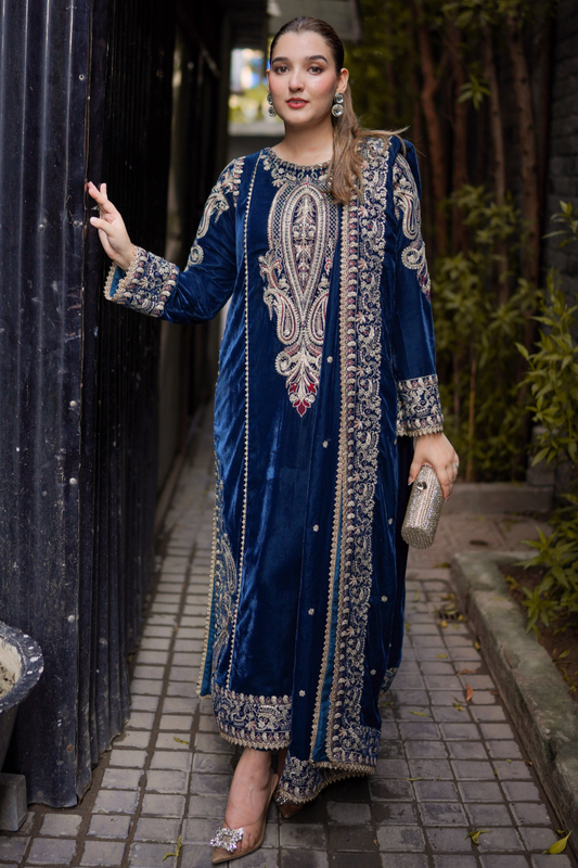 Velvet Embroidered Unstitched 3 Piece Suit ANL-07- Party Wear