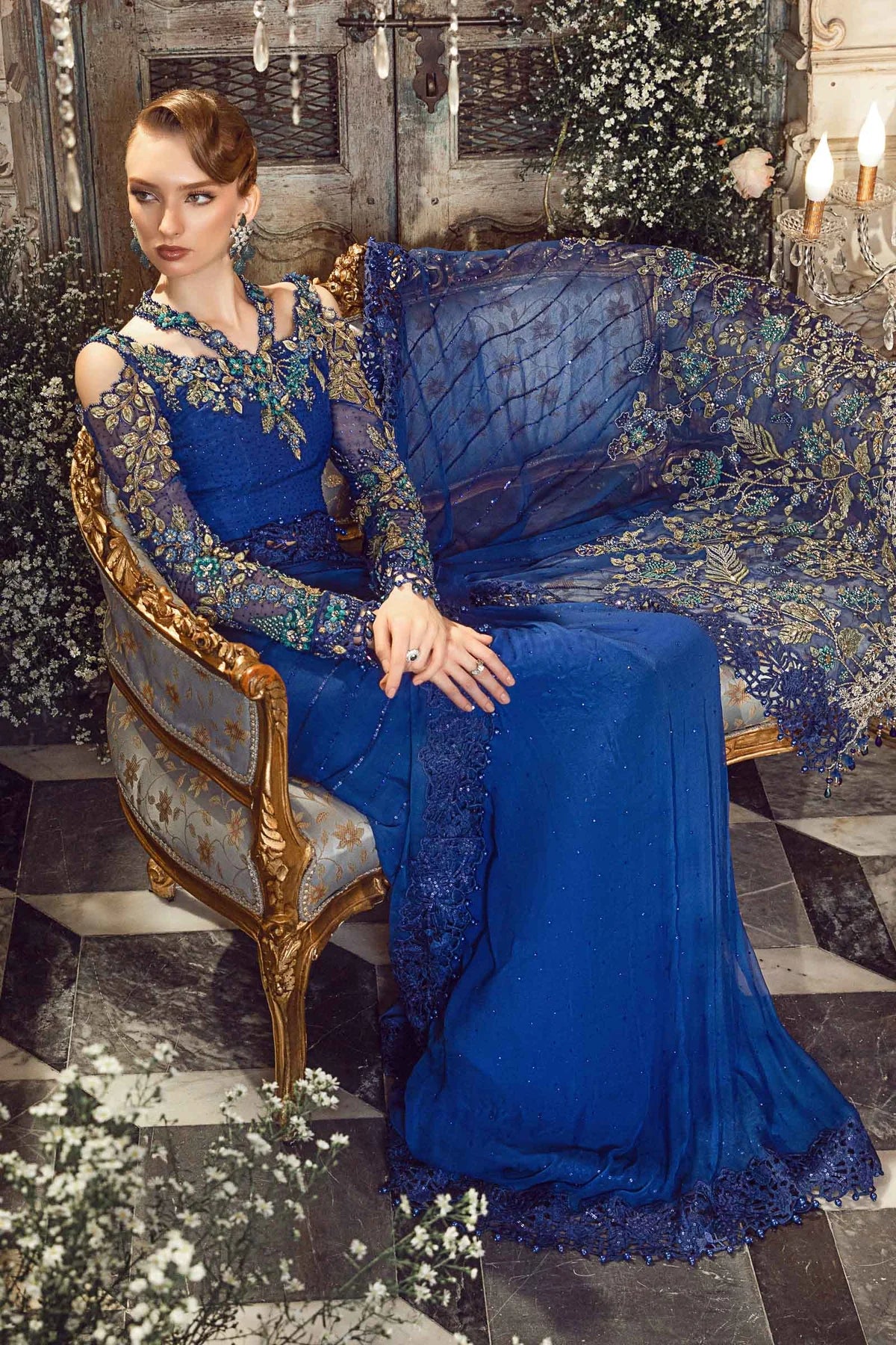 Luxury Blue Chiffon Embroidered Unstitched Saree -Party Wear