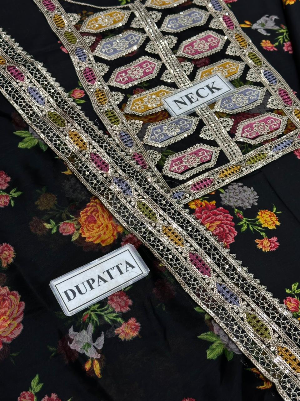 Black Embroidered Luxury Lawn Unstitched 3 Piece Dress- ANL